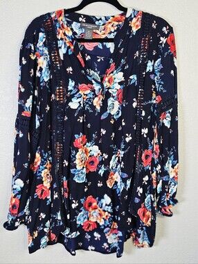 Chelsea & Theodore Plus Size 3X Navy Floral Crochet Trim Blouse